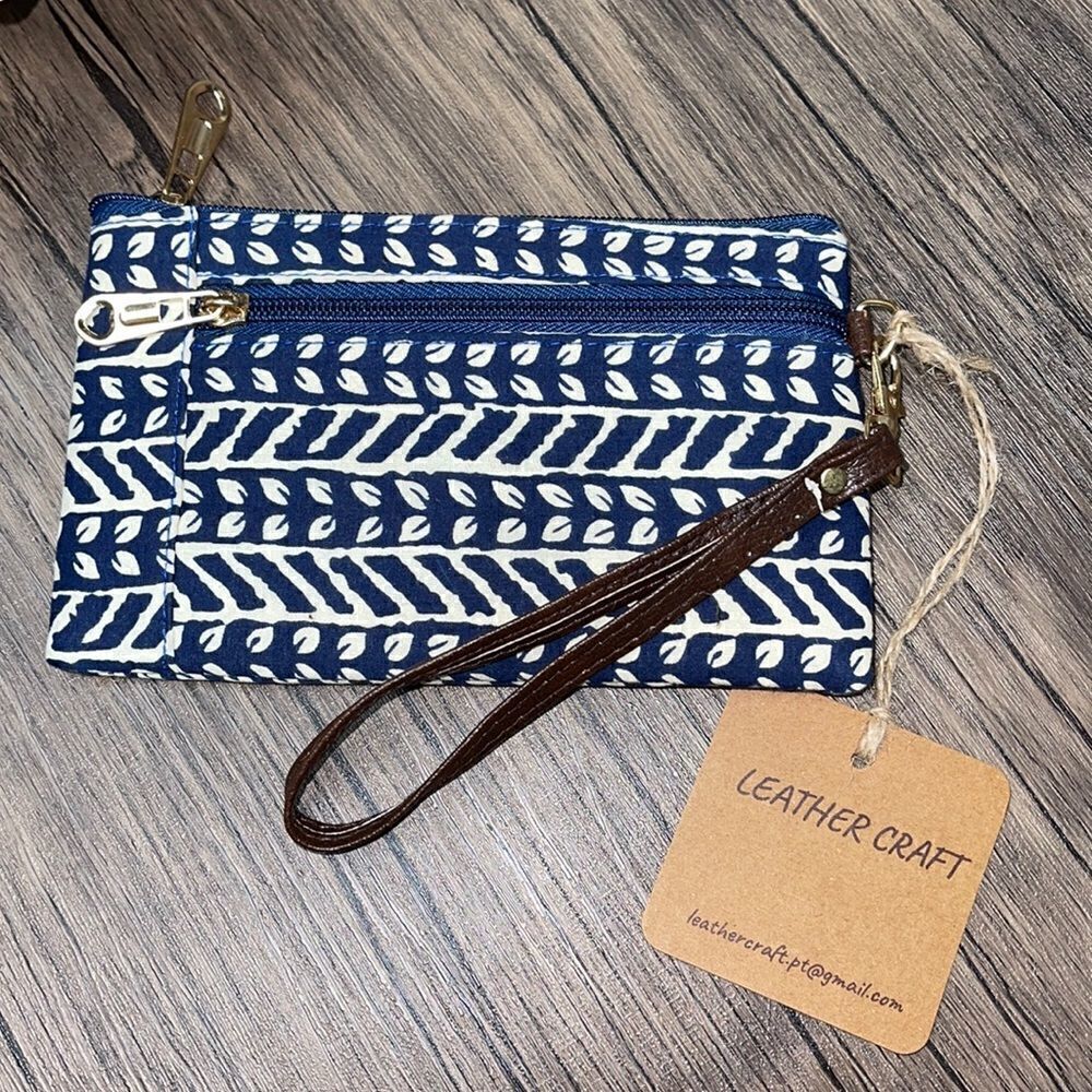 Leather Craft boho block printed fabric wristlet